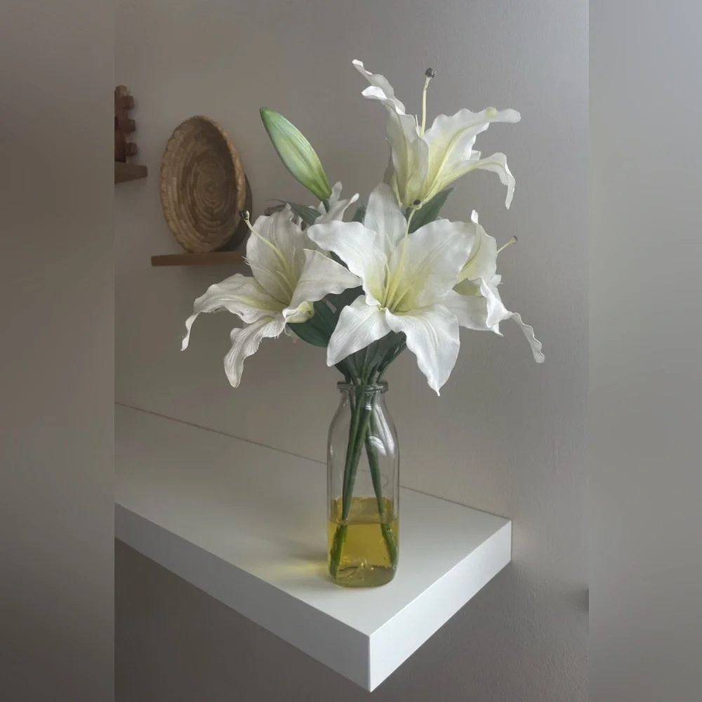 Faux White Lily Arrangement in Glass Vase